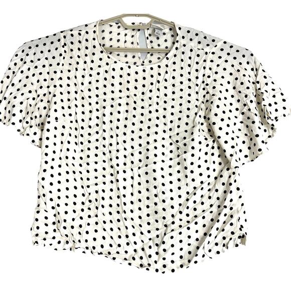a new day Women Top Blouse XL Cream Black Polka Dots 100% Flutter Sleeves Office - Picture 2 of 7